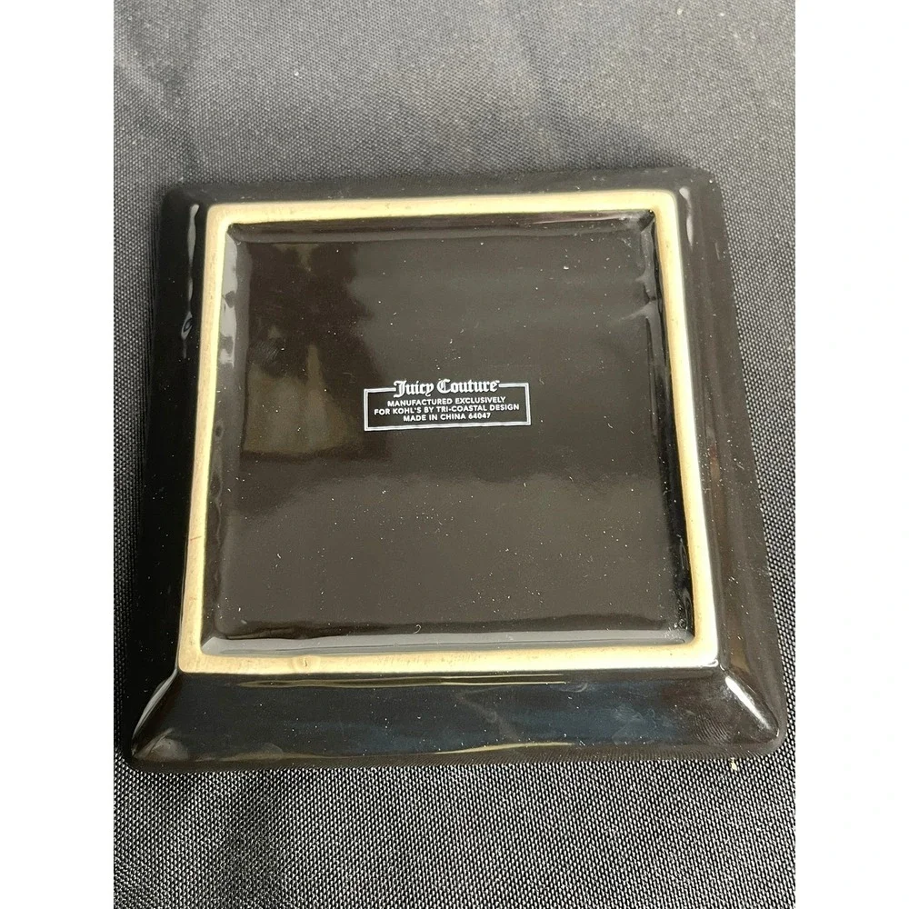 Juicy Couture Black Gold Bling Ceramic Trinket Tray Square Jewelry Dish Catchall